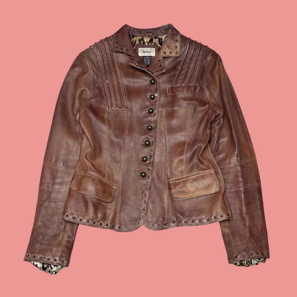 Neiman Marcus Brown Lamb Leather Leopard Lining Grommet Jacket Small
